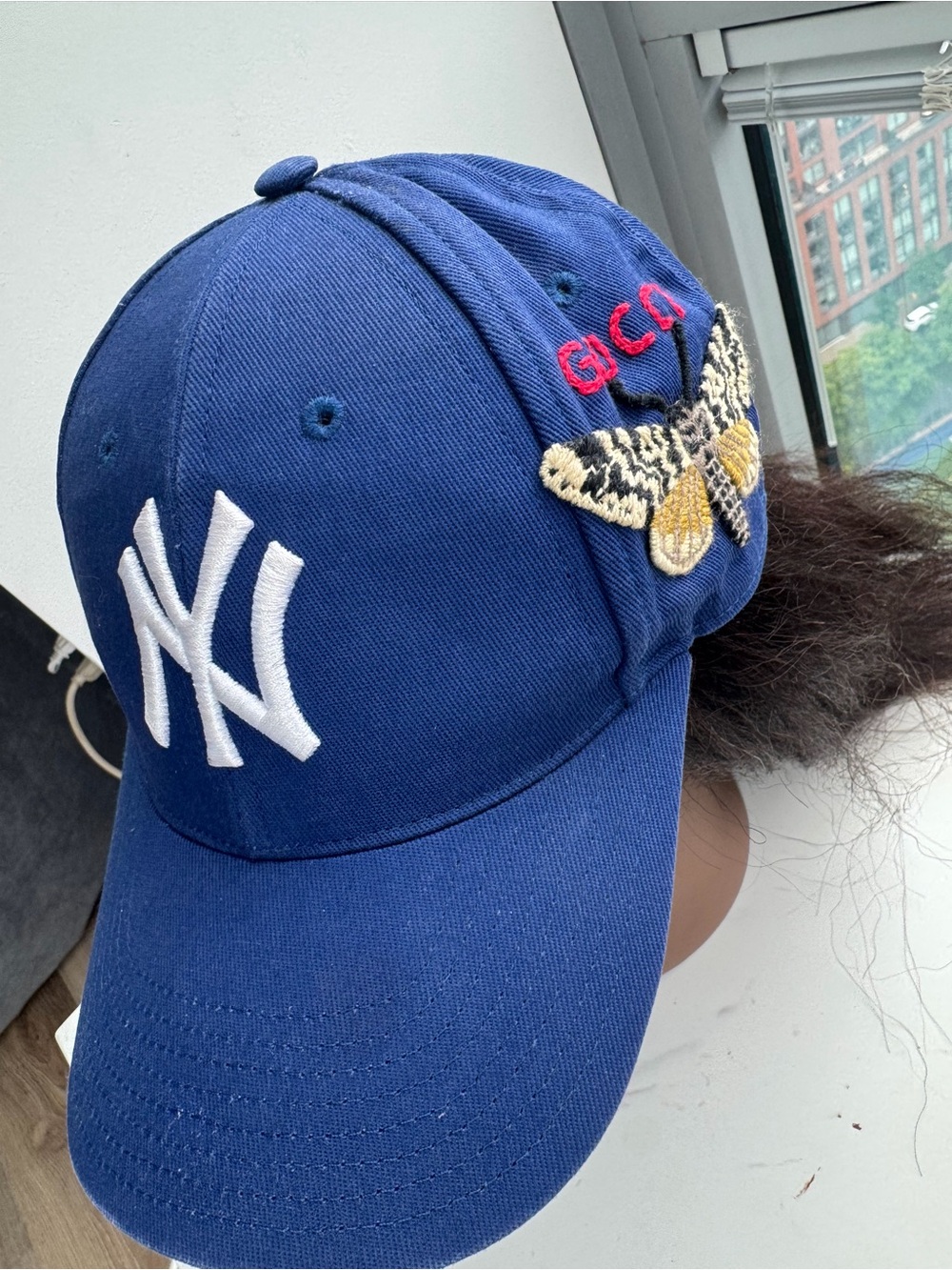 Gucci Blue Baseball Cap with White NY Logo and Embroidered Bee